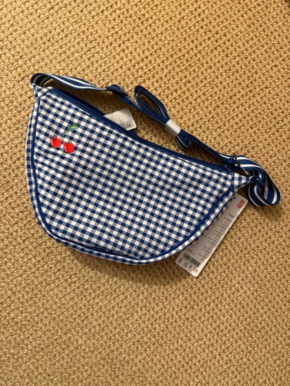 OOAK Uniqlo Blue Gingham Crossbody Bag with Cherry Embroidery NWT